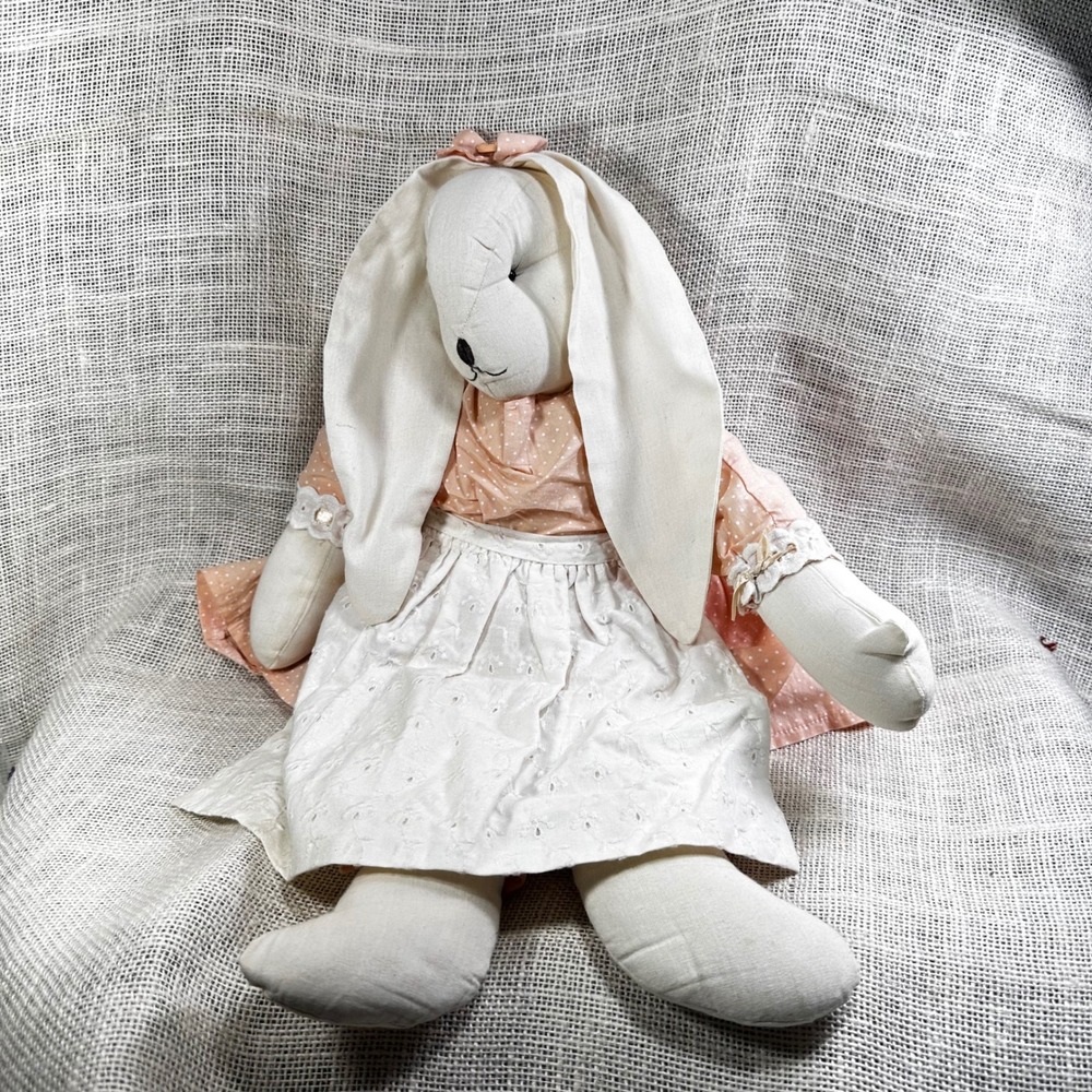 Tia Lala Handmade Cloth Bunny Rabbit Doll Floppy Ears Peachโ Polka Dot Dress 20"